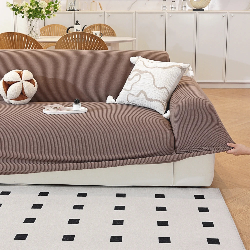 Solid color sofa cover with elastic band design, removable and machine washable, high elasticity, full coverage dust cover