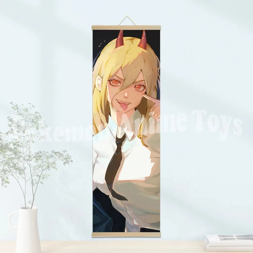 Chainsaw Man Anime Poster Wooden-framed Scroll Painting HD Quality Wall Art Retro Posters for Home Room Wall Decor