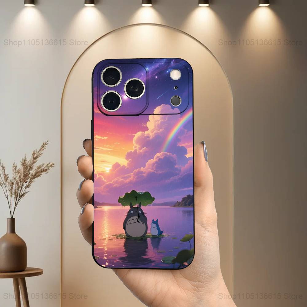 Cute Art T-Totoro Anime Phone Case For iPhone 17,16,15,14,13,12,11 Plus,Pro Max,XS,X,XR,SE,Mini,8,7,Soft Silicone Black