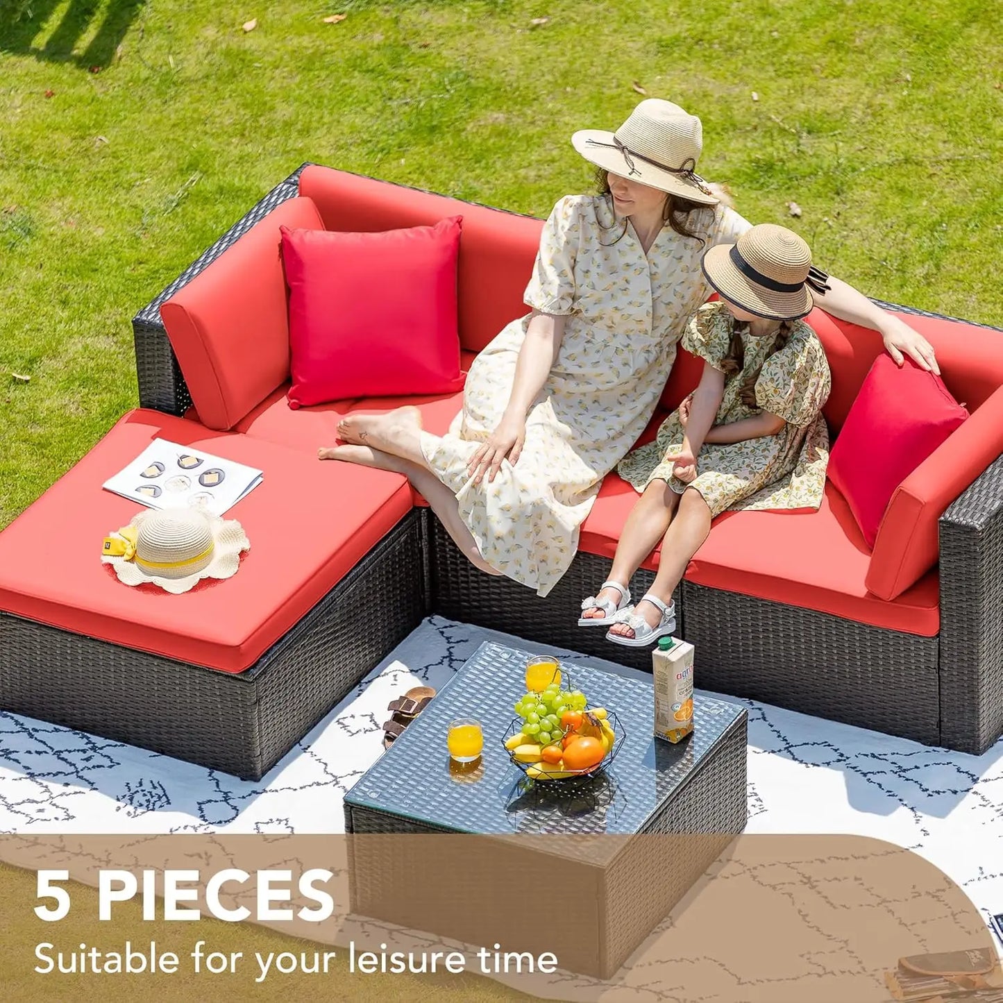 5pc All-Weather Outdoor Sectional Patio Sofa PE Rattan Conversation Set with Cushions & Glass Table, Customized