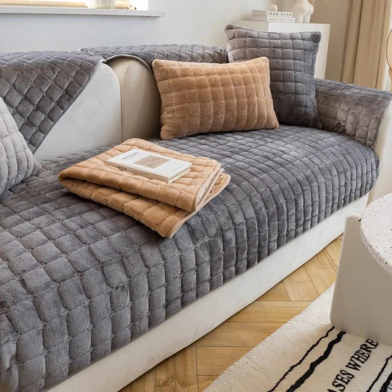 Plush plaid sofa cushion non-slip four seasons universal living room sofa cover simple modern thickened velvet cushion towel