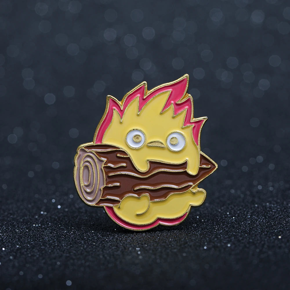 Anime Hal's Mobile Castle Pins Cute Cartoon Calcifer And Mood Yellow Enamel Brooches