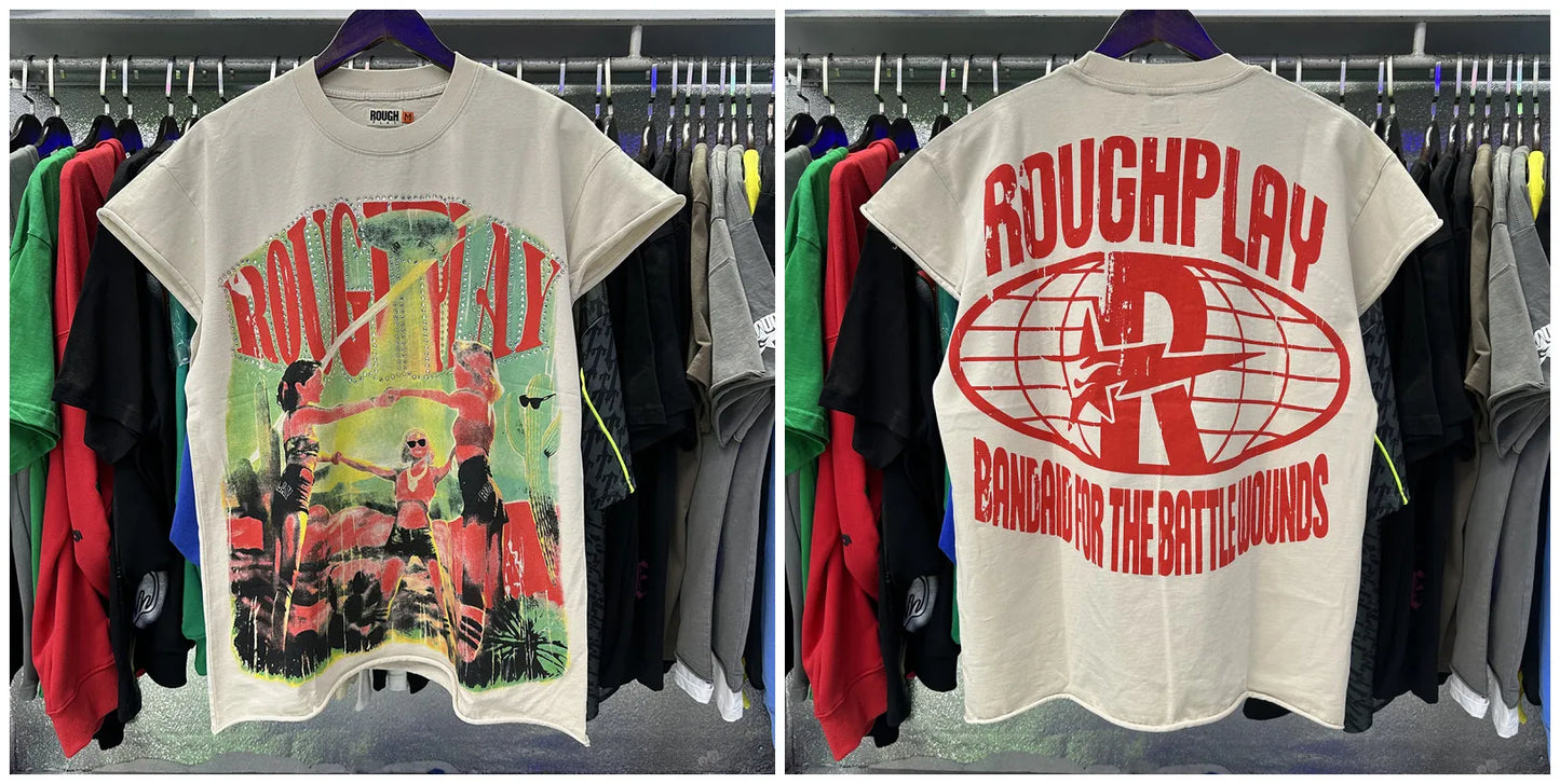 New Rough Play hotfix rhinestone and Printed Pattern T-shirt Men/Women Loose sleeveless Tops 100% Cotton Casual T-shirt
