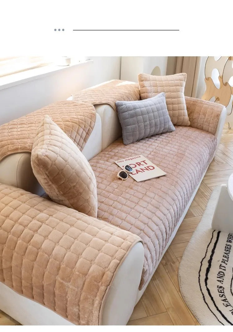 Plush plaid sofa cushion non-slip four seasons universal living room sofa cover simple modern thickened velvet cushion towel
