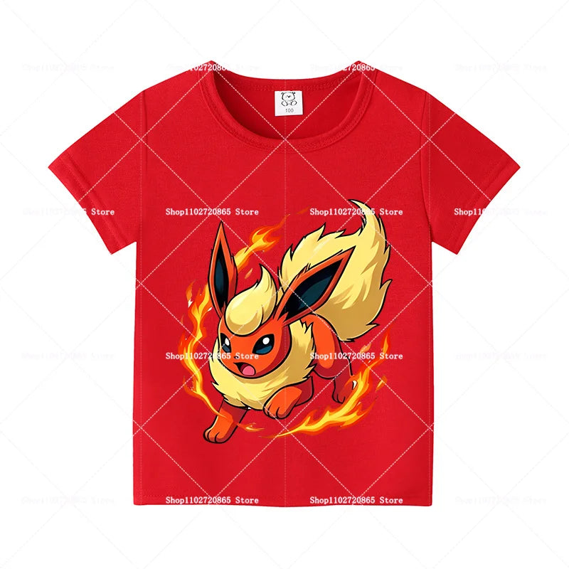 Pokemons Cotton T-Shirt Pikachu Eevee Cartoon Anime Tees Classic Game Fashion Printed Tops Summer Breathable Casual Clothes Gift