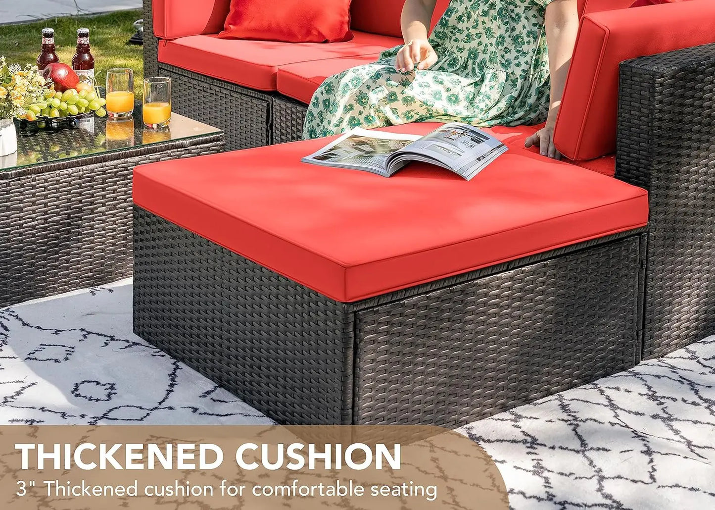 5pc All-Weather Outdoor Sectional Patio Sofa PE Rattan Conversation Set with Cushions & Glass Table, Customized