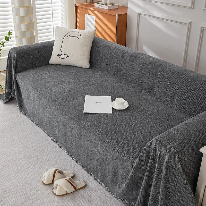 Couch Cover Luxurious Chenille Sofa Covers with Elegant Fringe Herringbone Texture Heavyweight Cozy Blanket for Couch Bed Decor