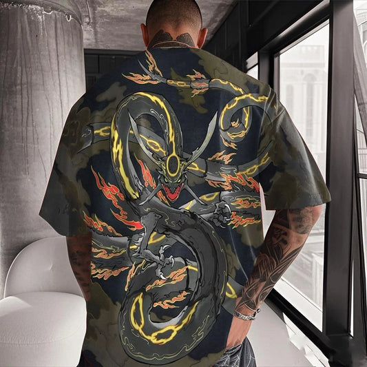 Anime Pokemon Rayquaza Cloud & Flame Print Unisex Loose Fit T-Shirt Casual Street Fashion Graphic Tees for Men and Women