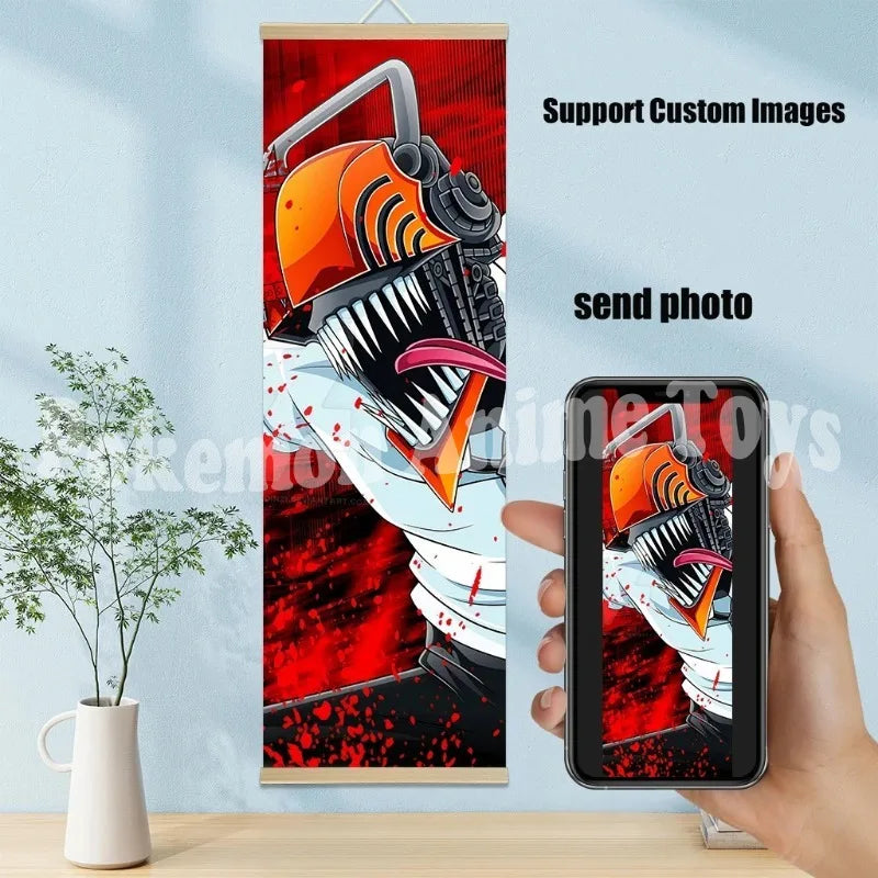 Chainsaw Man Anime Poster Wooden-framed Scroll Painting HD Quality Wall Art Retro Posters for Home Room Wall Decor
