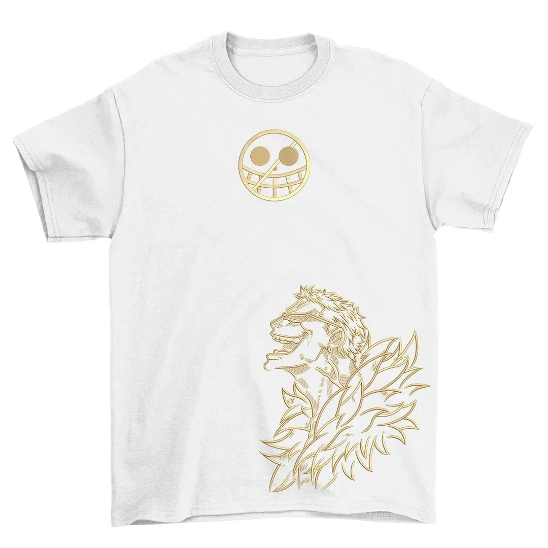New Year Hot Sale One Piece Anime T-shirt with Luffy Zoro Skull Pirate Logo Gold Thread Art Print Round Neck Summer Fashion