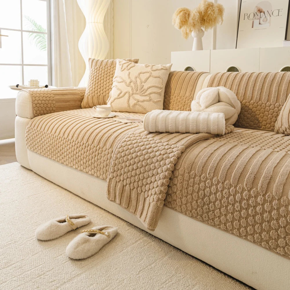 Thicken Warm Geometric Jacquard Fleece Anti-Slip Sofa Cover for Living Room Couch Seat Cover Warm Solid Tuffed Fleece Sofa Towel