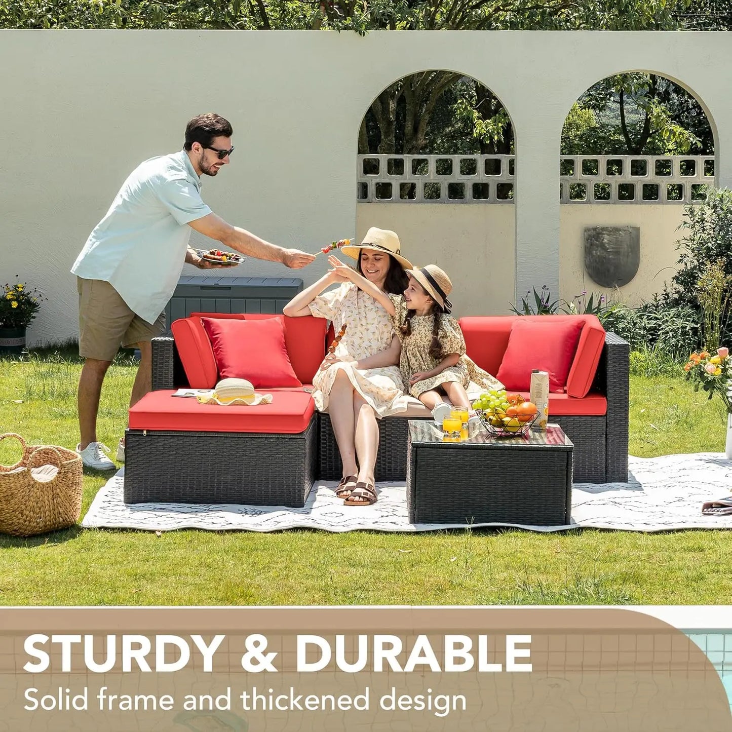 5pc All-Weather Outdoor Sectional Patio Sofa PE Rattan Conversation Set with Cushions & Glass Table, Customized