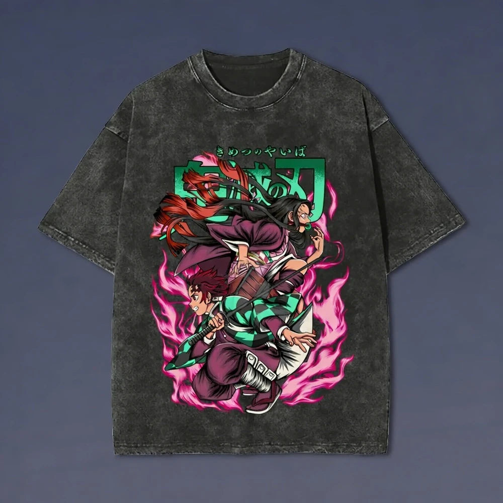 Demon Slayer Men's and Women's Washed T-Shirt Sanemi Shinazugawa Summer Spring Anime Tee Retro Distressed High-end Short Sleeve