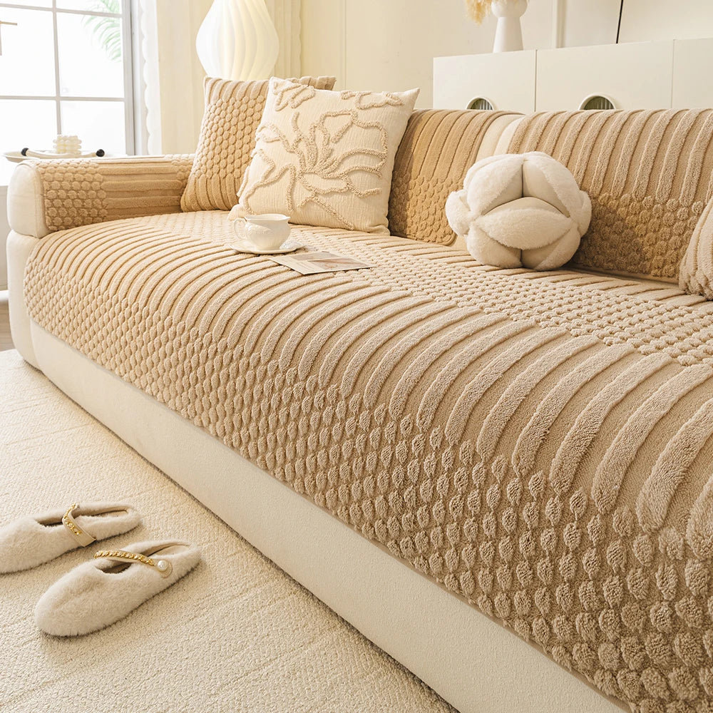 Thicken Warm Geometric Jacquard Fleece Anti-Slip Sofa Cover for Living Room Couch Seat Cover Warm Solid Tuffed Fleece Sofa Towel