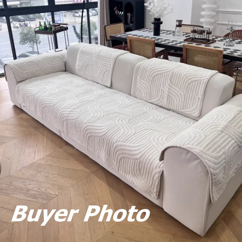 1PC Wave Striped Sofa Cover Solid Color Thicken Plush Sofa Towel Covers Non-slip Couch Slipcovers Sofa Mat for Living Room