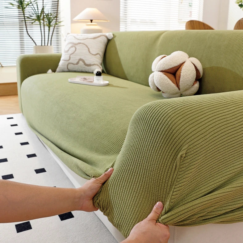 Solid color sofa cover with elastic band design, removable and machine washable, high elasticity, full coverage dust cover