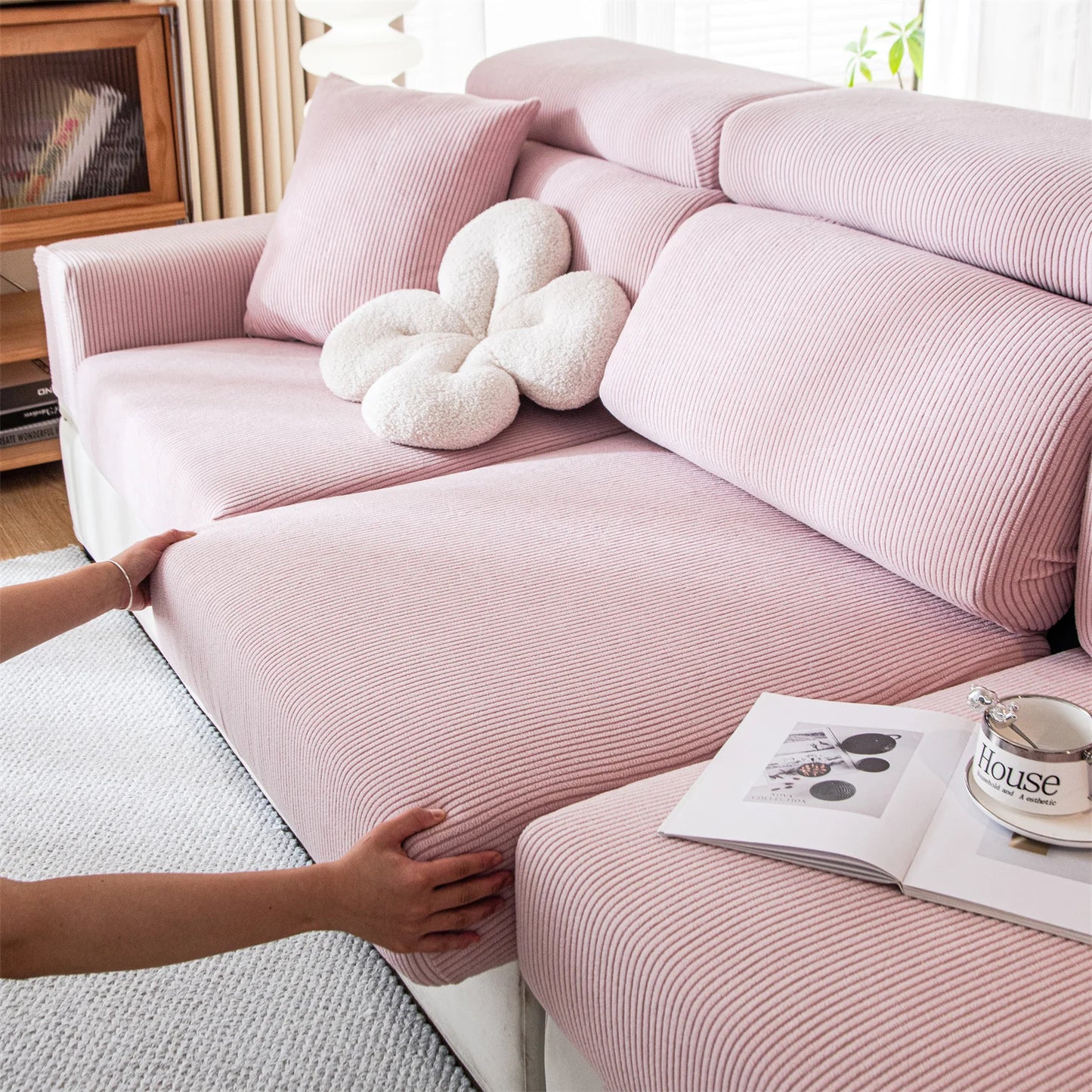 Thicken Stripe Jacquard Stretch Removable Sofa Seat Cushion Cover Washable for Living Room Kids Pets Furniture Protector