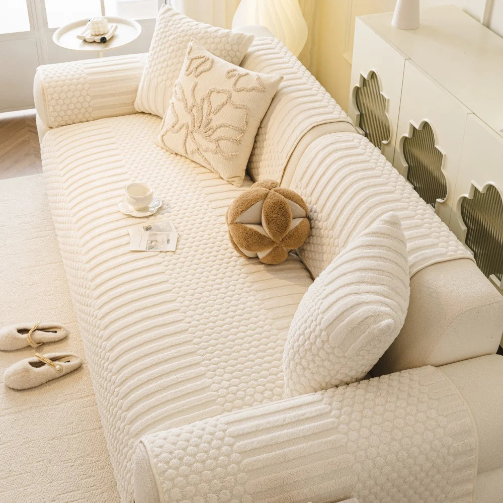 Thicken Warm Geometric Jacquard Fleece Anti-Slip Sofa Cover for Living Room Couch Seat Cover Warm Solid Tuffed Fleece Sofa Towel