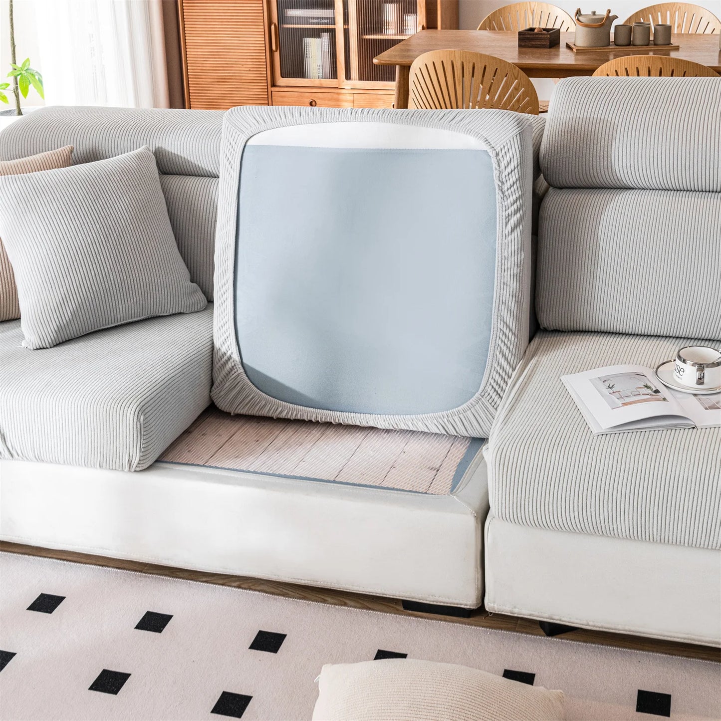Thicken Stripe Jacquard Stretch Removable Sofa Seat Cushion Cover Washable for Living Room Kids Pets Furniture Protector