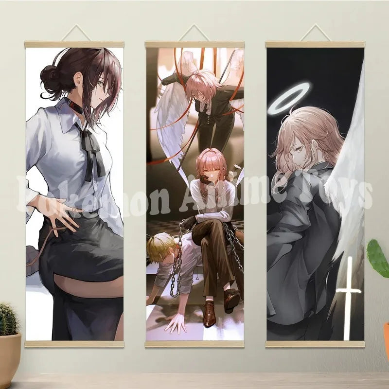 Chainsaw Man Anime Poster Wooden-framed Scroll Painting HD Quality Wall Art Retro Posters for Home Room Wall Decor