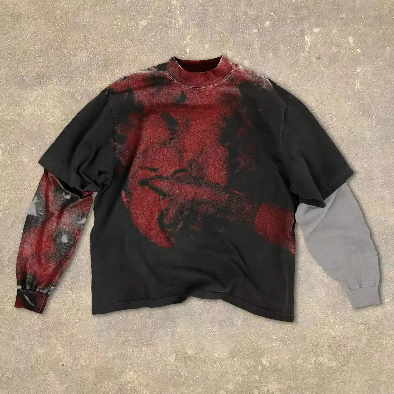 Gothic Fake Two Piece Long Sleeve Red Eye Pattern Spliced T Shirt Autumn Popular Select Dark Punk Fashion Cotton Tops