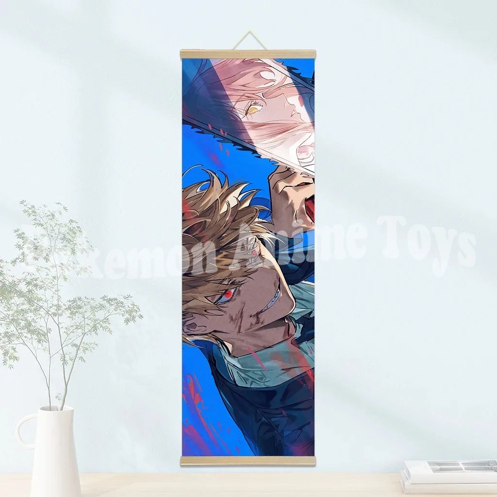 Chainsaw Man Anime Poster Wooden-framed Scroll Painting HD Quality Wall Art Retro Posters for Home Room Wall Decor