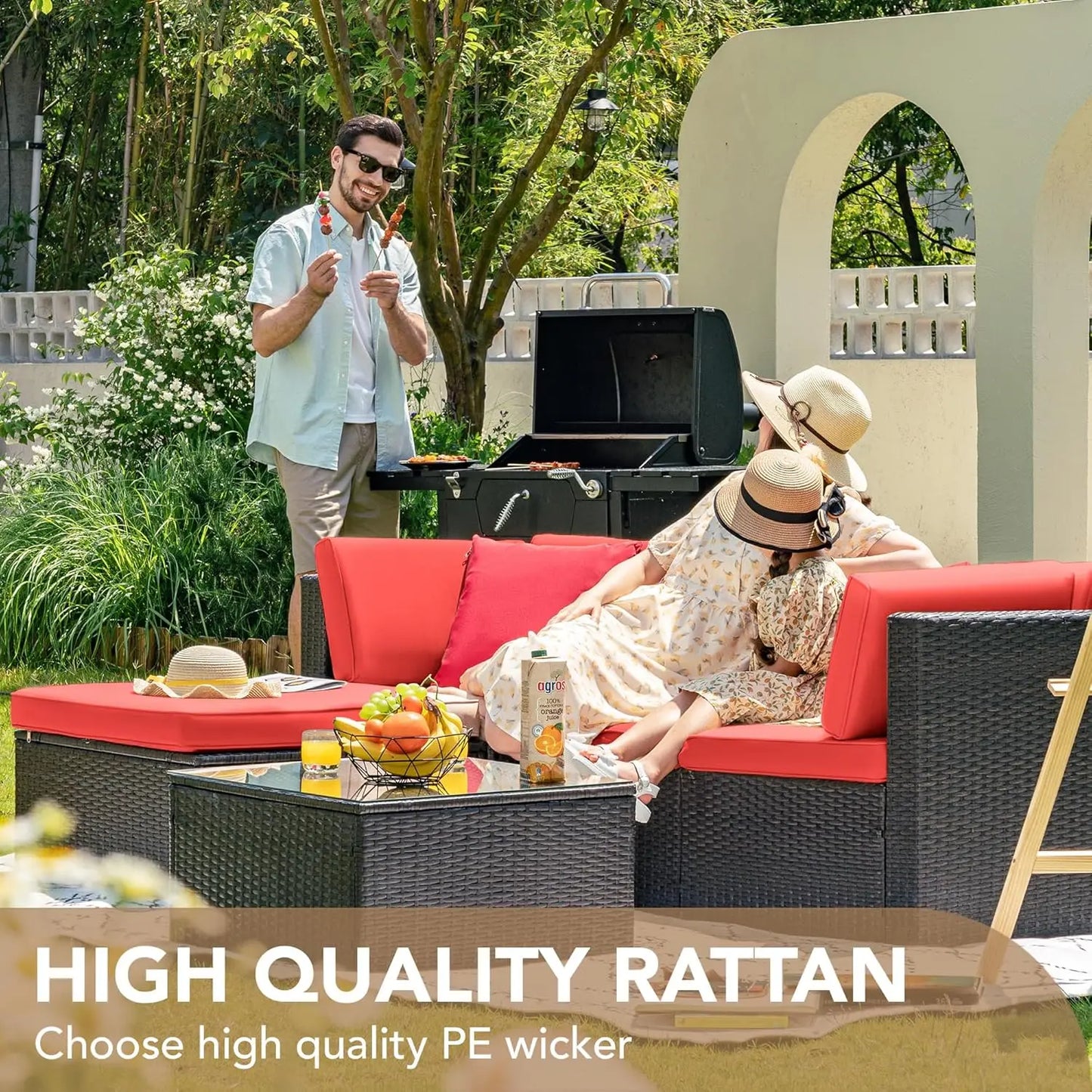 5pc All-Weather Outdoor Sectional Patio Sofa PE Rattan Conversation Set with Cushions & Glass Table, Customized