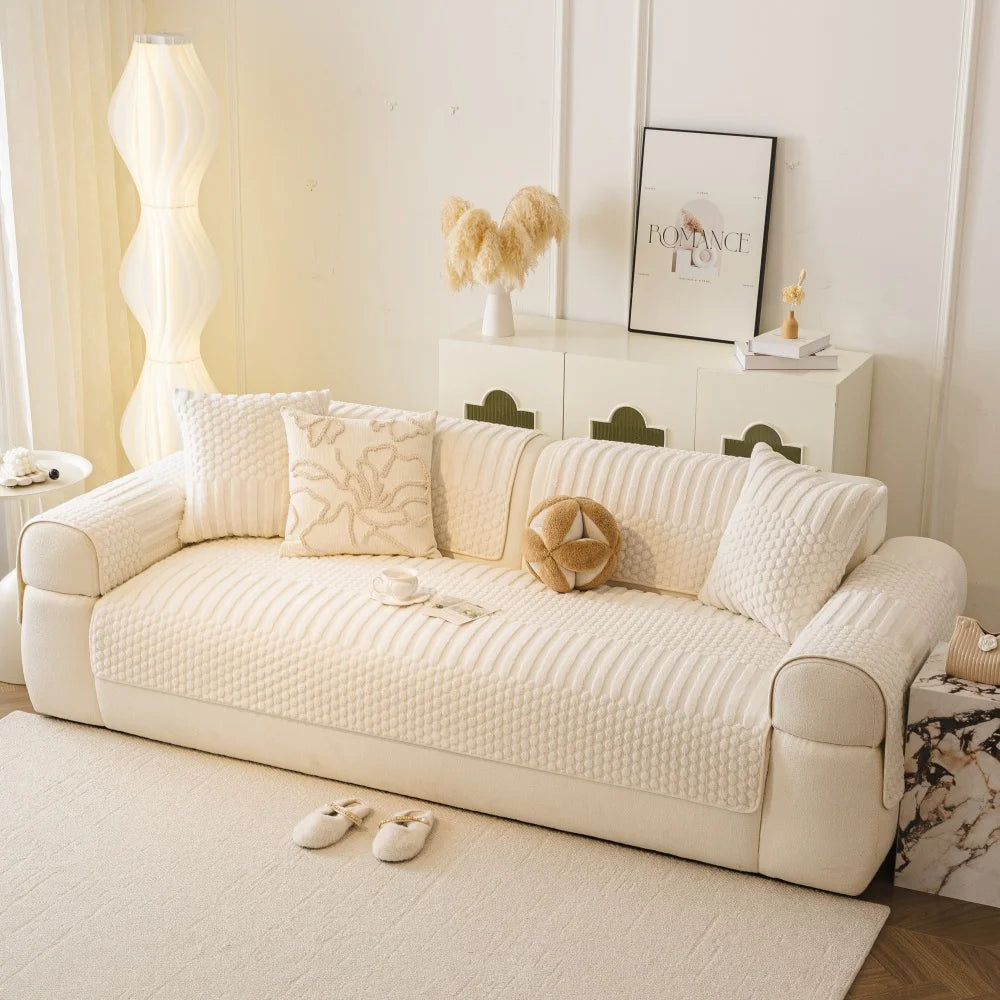 Thicken Warm Geometric Jacquard Fleece Anti-Slip Sofa Cover for Living Room Couch Seat Cover Warm Solid Tuffed Fleece Sofa Towel