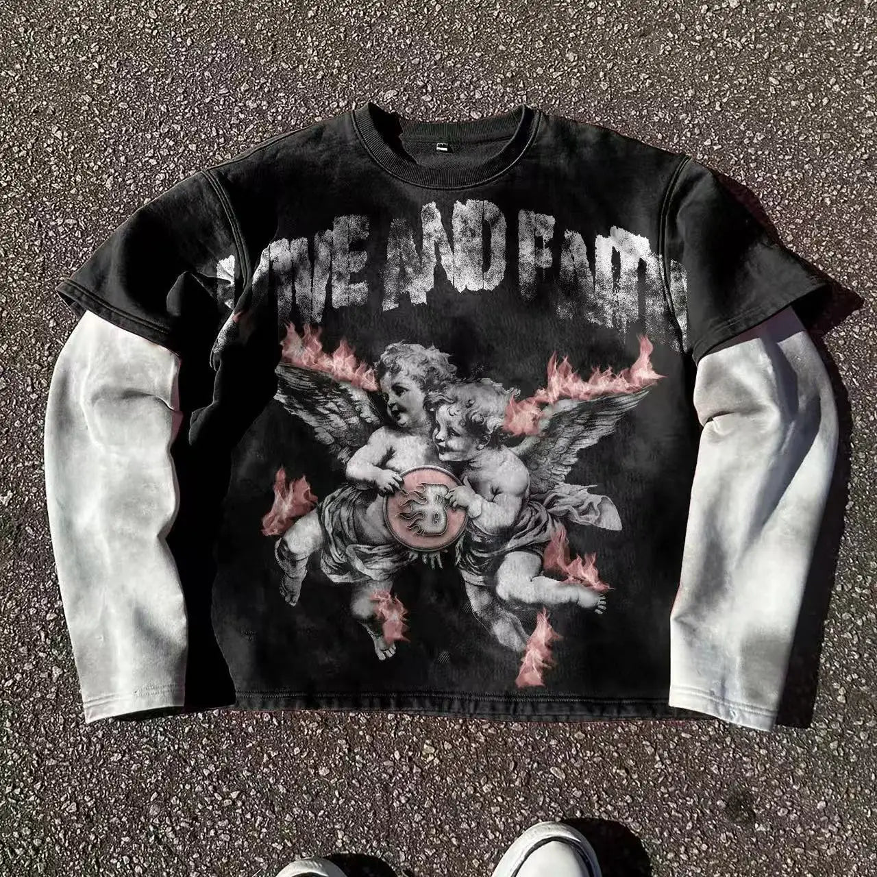 Gothic Fake Two Piece Long Sleeve Red Eye Pattern Spliced T Shirt Autumn Popular Select Dark Punk Fashion Cotton Tops