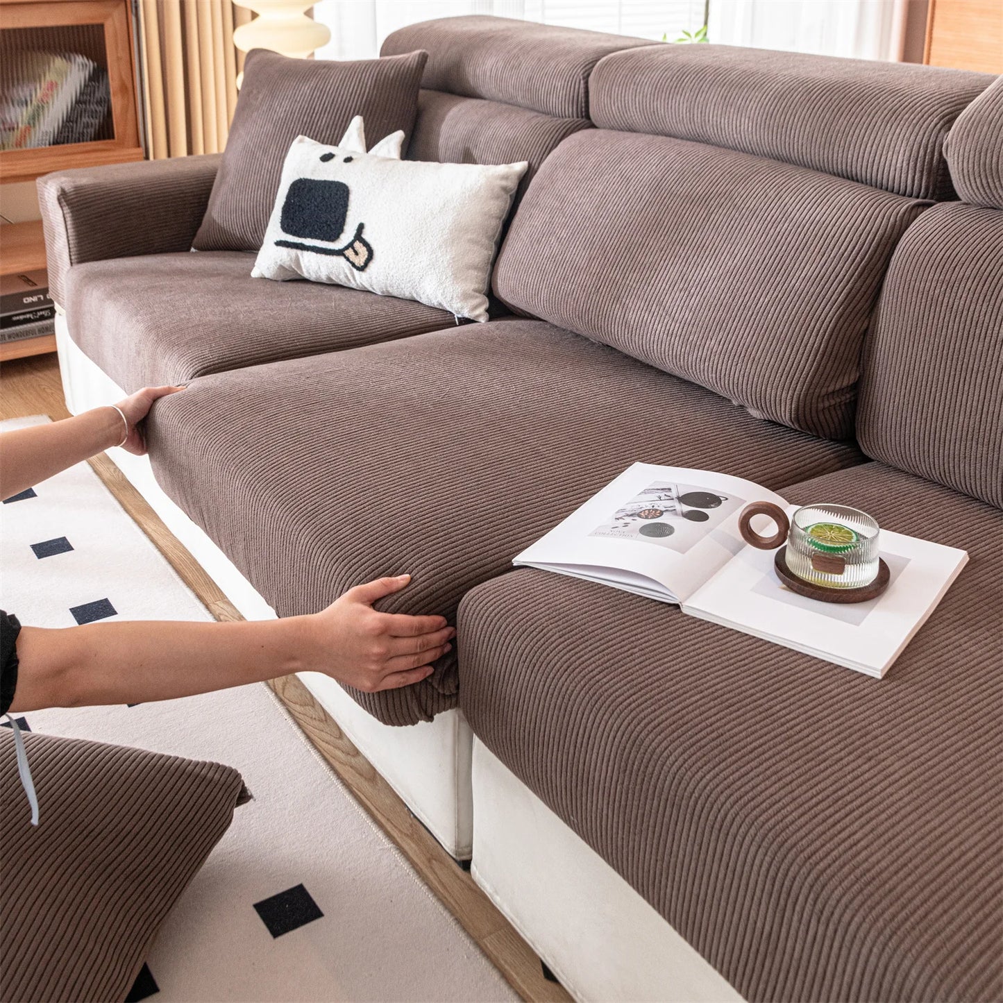 Thicken Stripe Jacquard Stretch Removable Sofa Seat Cushion Cover Washable for Living Room Kids Pets Furniture Protector
