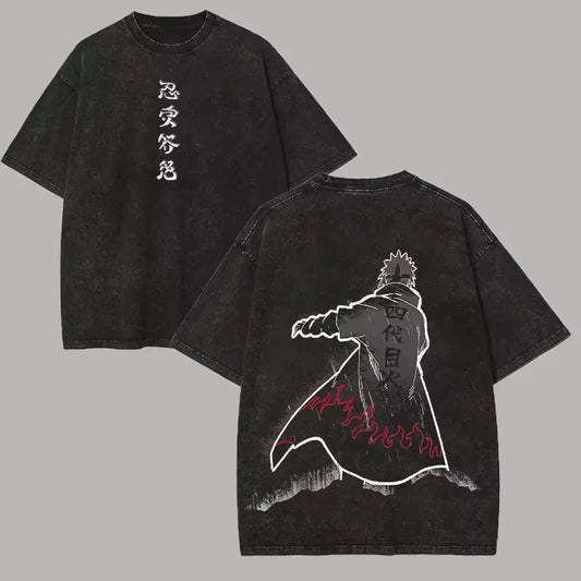 2026 new Oversized Naruto Minato Namikaze Washed Summer T-Shirt, Vintage Distressed Anime Graphic Streetwear for Men Women
