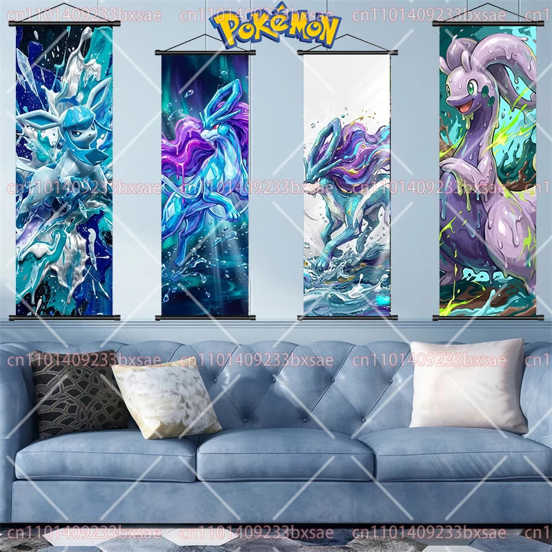 Pokémon Anime HD Scroll Painting Eevee Pikachu Suicune Charizard Mewtwo Background Wall Art Decoration Poster Children's Gift