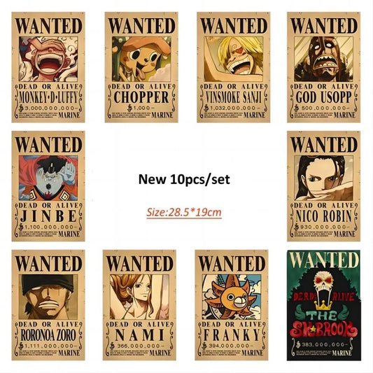 28.5 x 19Cm Anime One Piece Luffy Wanted Vintage Posters Set Room Wall Decoration Cartoon Zoro Wanted Painting Sticker Toys Gift
