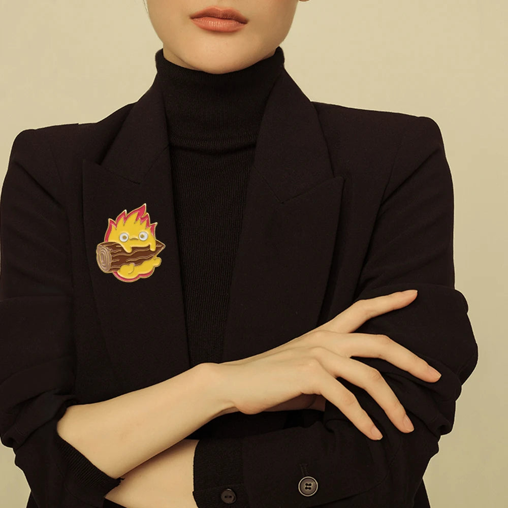 Anime Hal's Mobile Castle Pins Cute Cartoon Calcifer And Mood Yellow Enamel Brooches