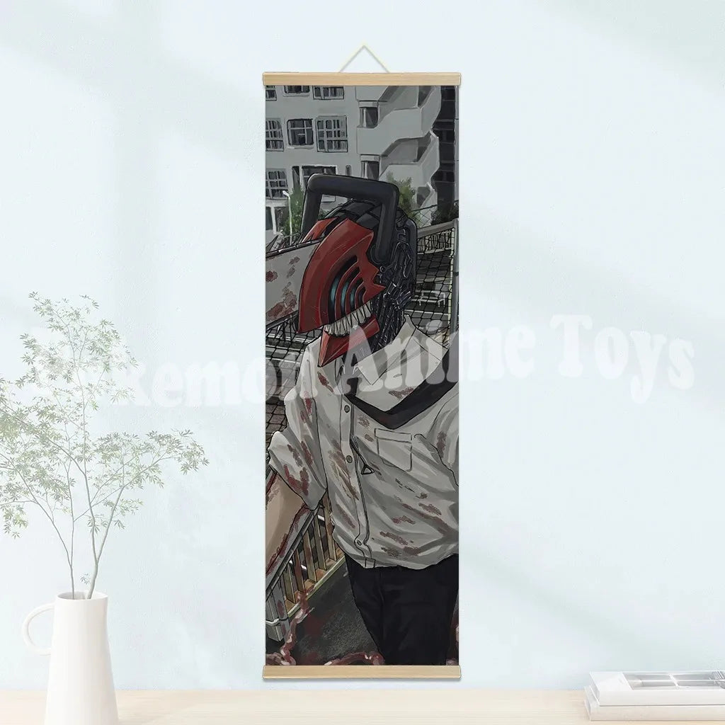 Chainsaw Man Anime Poster Wooden-framed Scroll Painting HD Quality Wall Art Retro Posters for Home Room Wall Decor