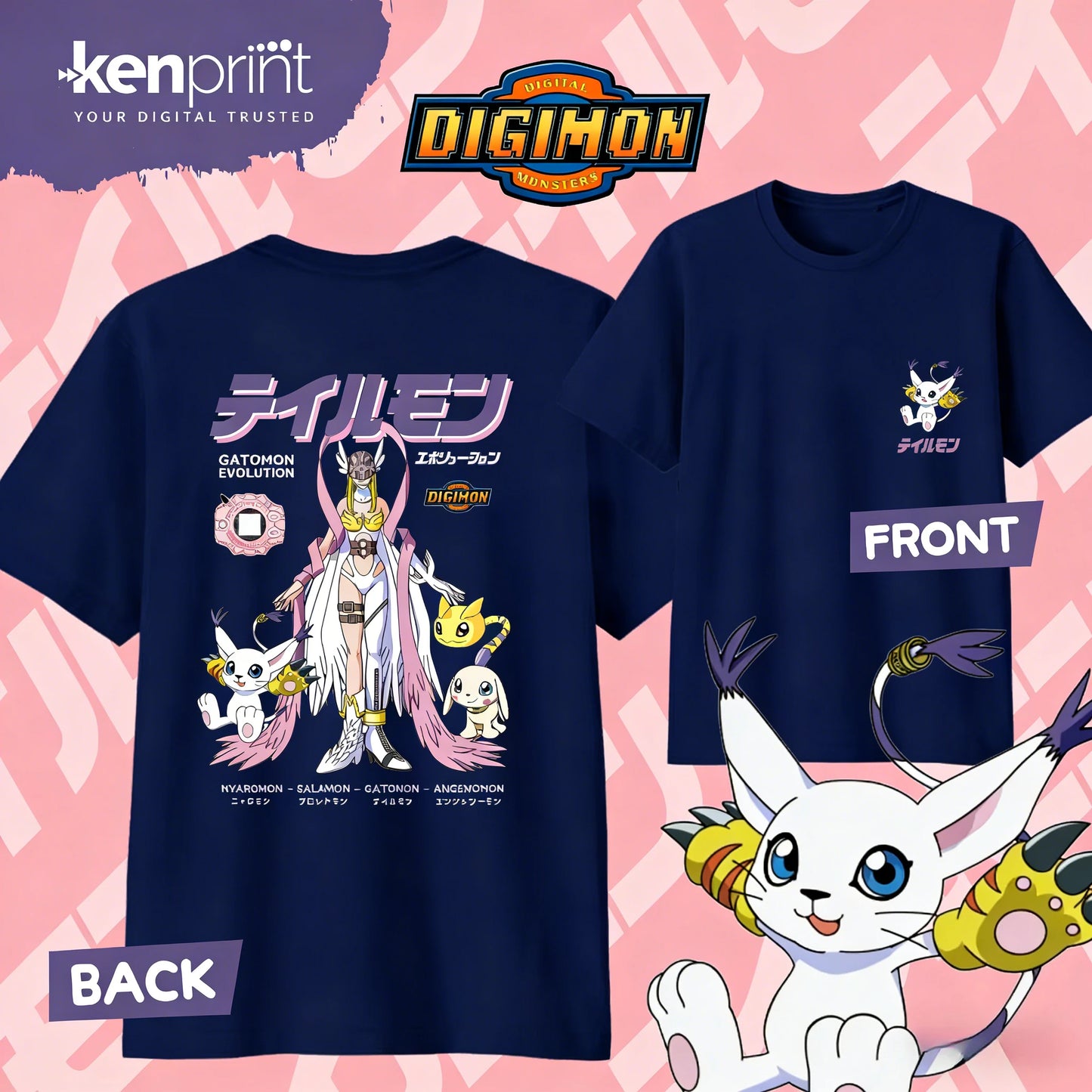 2026 Summer Anime Digimon Gatomon Evolution Printed Cotton T-shirt Kids/Men's/Women's Harajuku Clothing Fashion Casual T-shirt