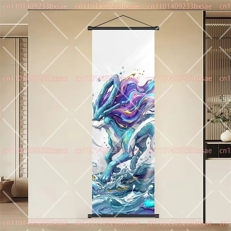 Pokémon Anime HD Scroll Painting Eevee Pikachu Suicune Charizard Mewtwo Background Wall Art Decoration Poster Children's Gift