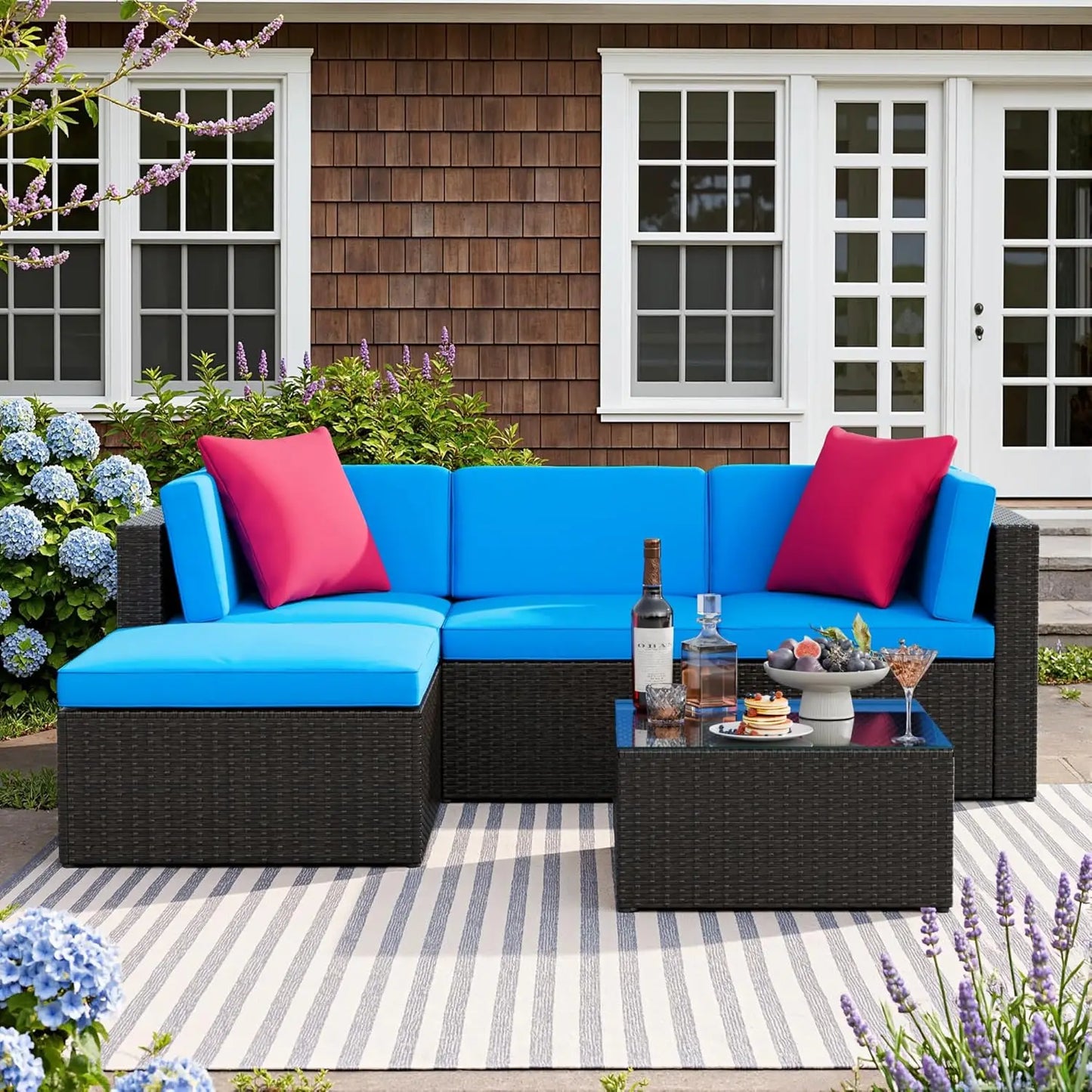 5pc All-Weather Outdoor Sectional Patio Sofa PE Rattan Conversation Set with Cushions & Glass Table, Customized