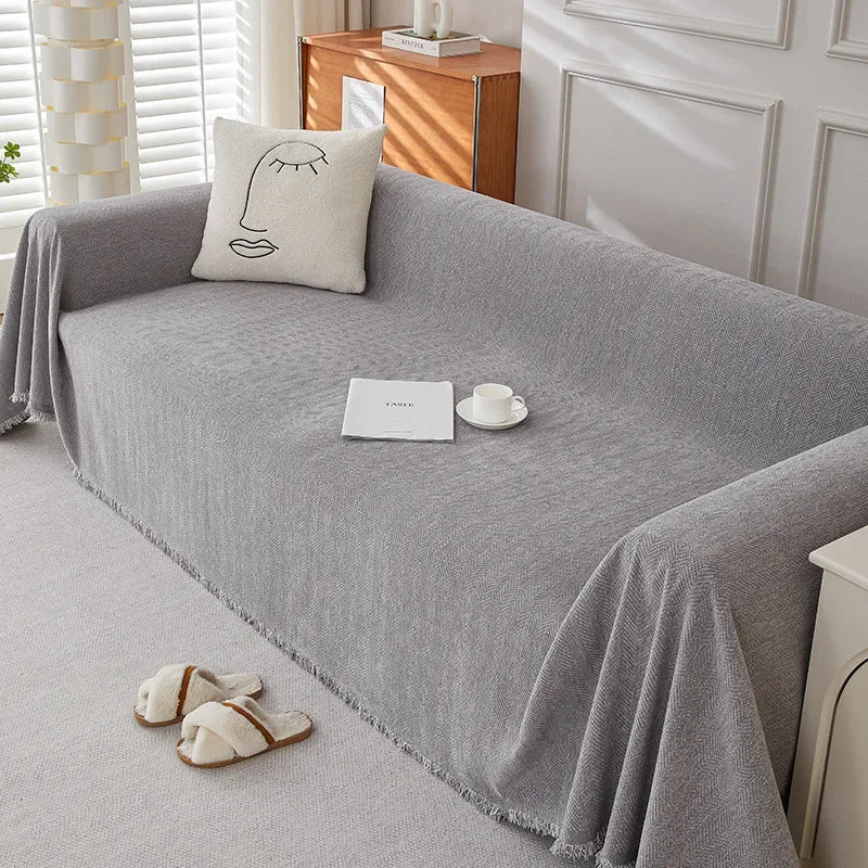 Couch Cover Luxurious Chenille Sofa Covers with Elegant Fringe Herringbone Texture Heavyweight Cozy Blanket for Couch Bed Decor