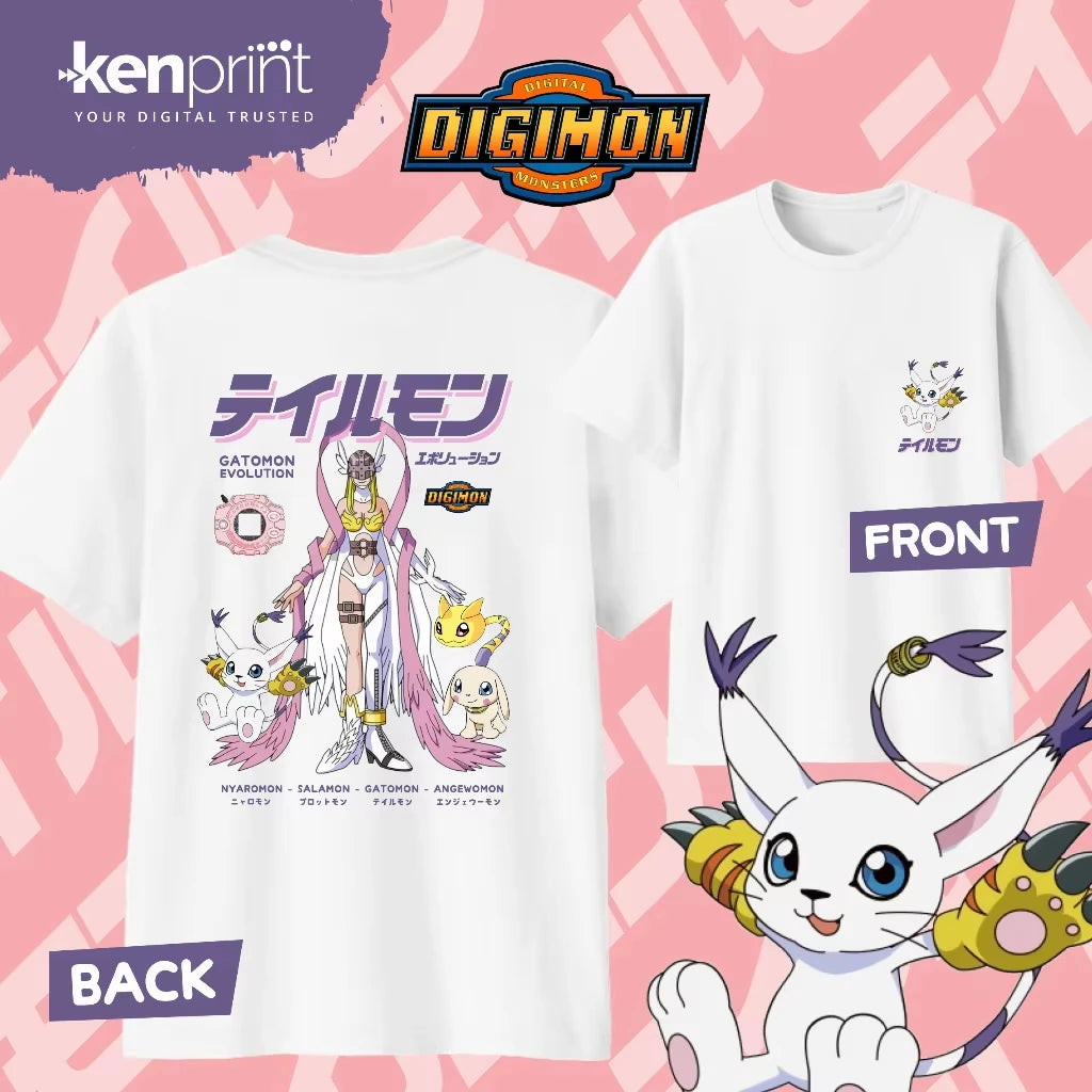 2026 Summer Anime Digimon Gatomon Evolution Printed Cotton T-shirt Kids/Men's/Women's Harajuku Clothing Fashion Casual T-shirt