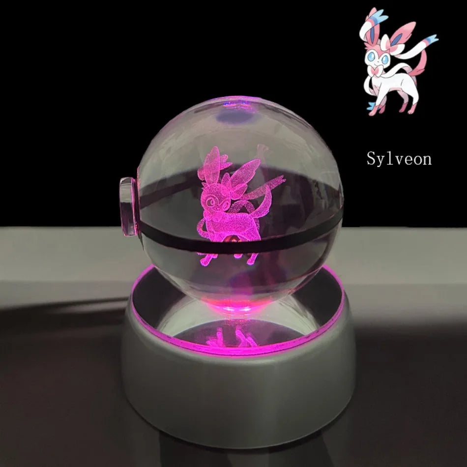 Pokemon 3D Crystal Ball Pikachu Gengar Eevee Mewtwo Anime Game Pokeball Led Night Light Base Kids Birthday Gift Home Decoration