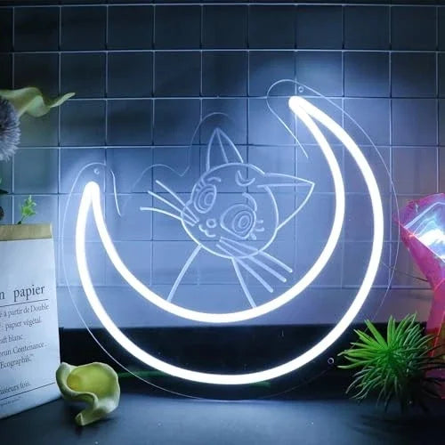 Anime Cat & Moon Neon Sign Personalized Neon Signs for Room Wall Decor LED Night Lights Home Decor Lights  Gift for Girls Boys