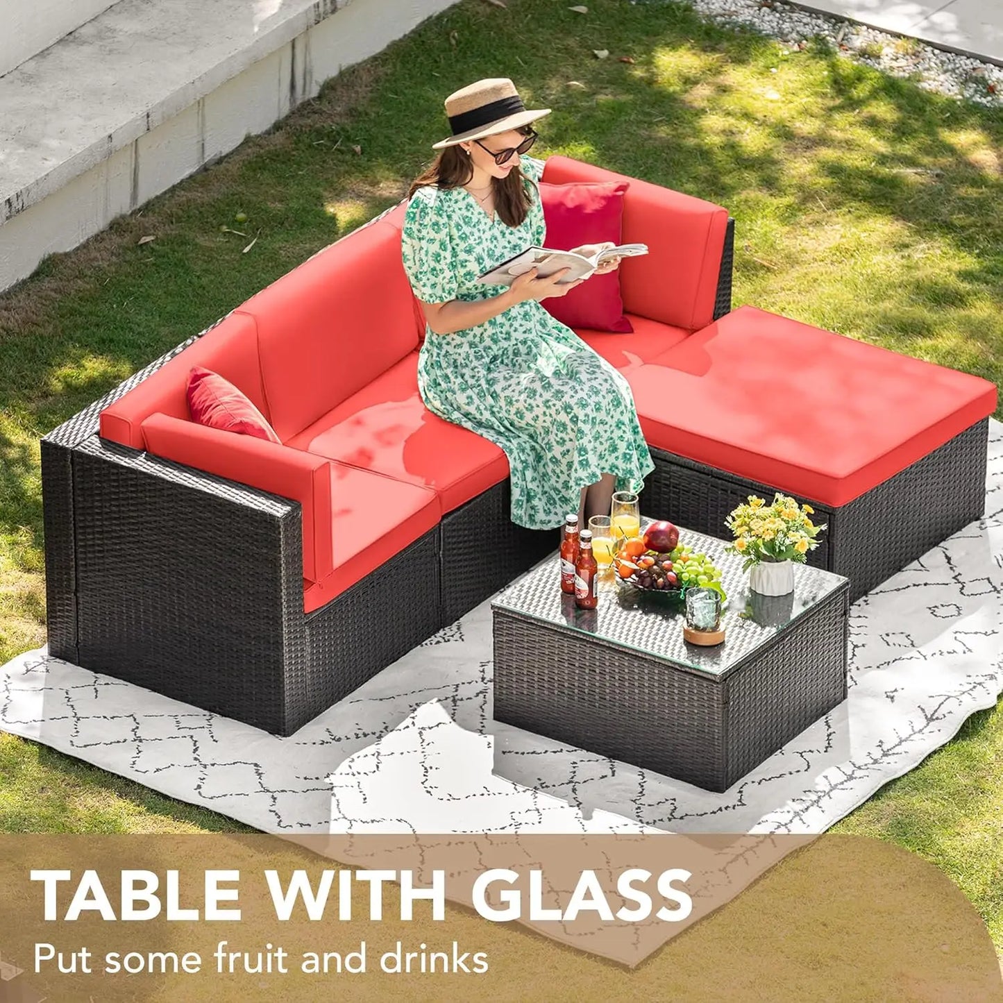 5pc All-Weather Outdoor Sectional Patio Sofa PE Rattan Conversation Set with Cushions & Glass Table, Customized