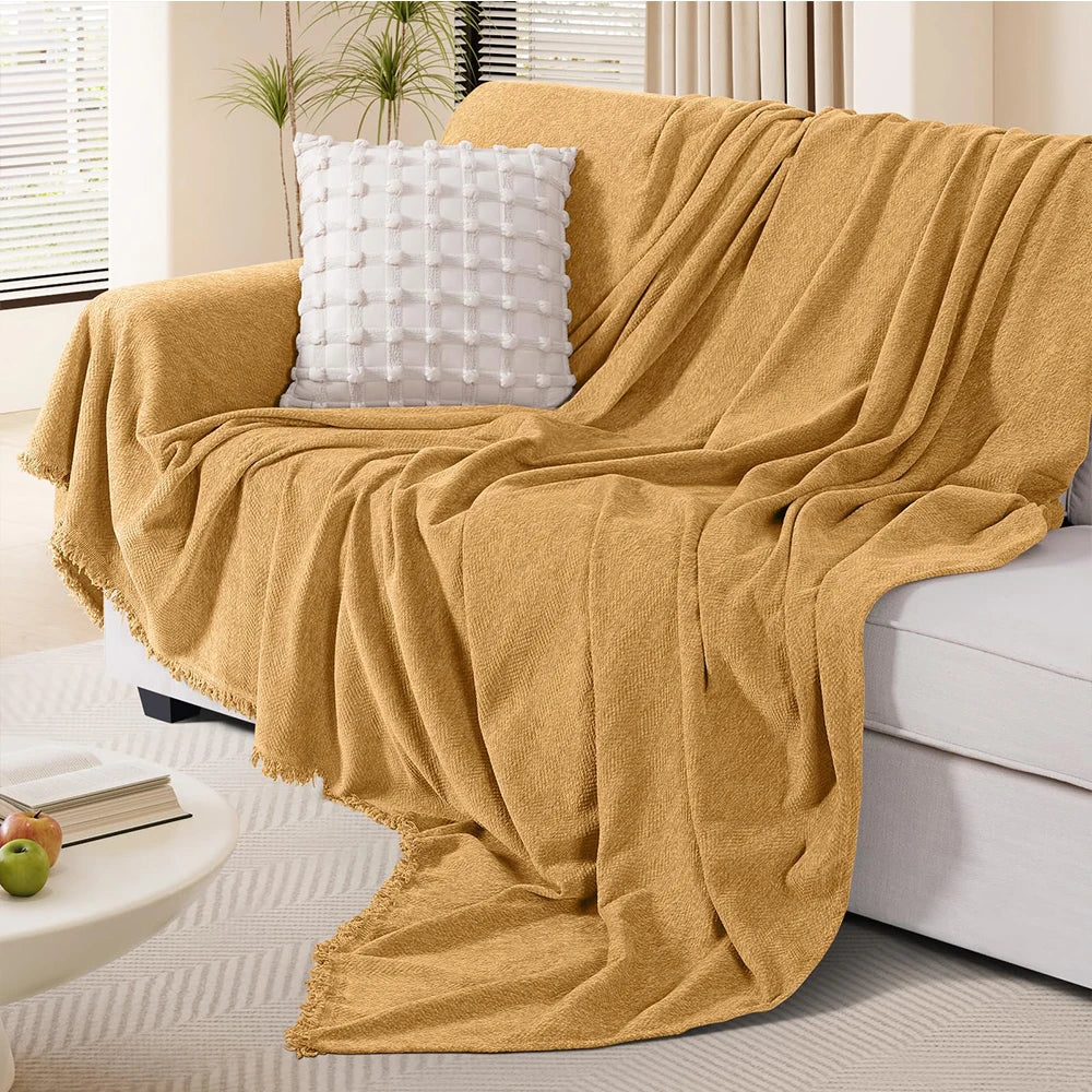 Couch Cover Luxurious Chenille Sofa Covers with Elegant Fringe Herringbone Texture Heavyweight Cozy Blanket for Couch Bed Decor