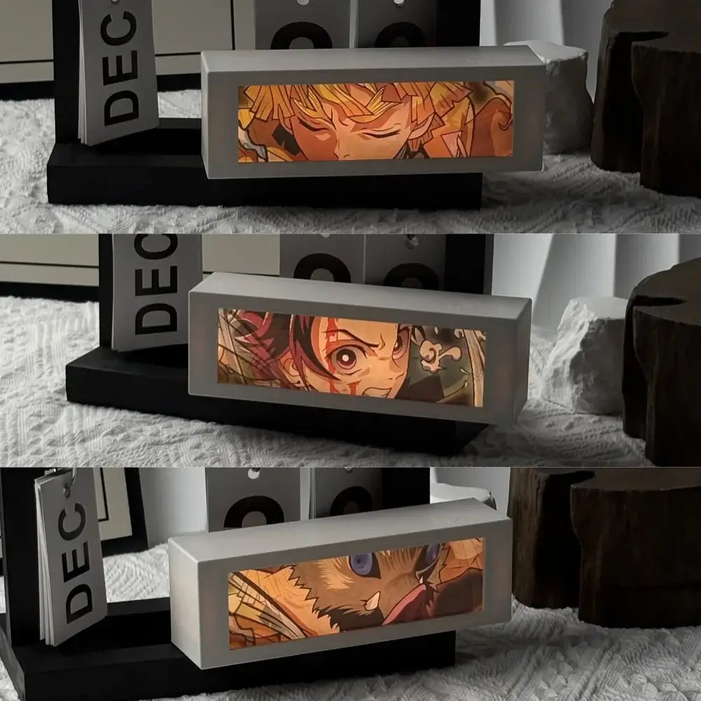 Anime 3d motion light box led bedroom decor lamp with matte gray exterior and glowing orange anime portraits