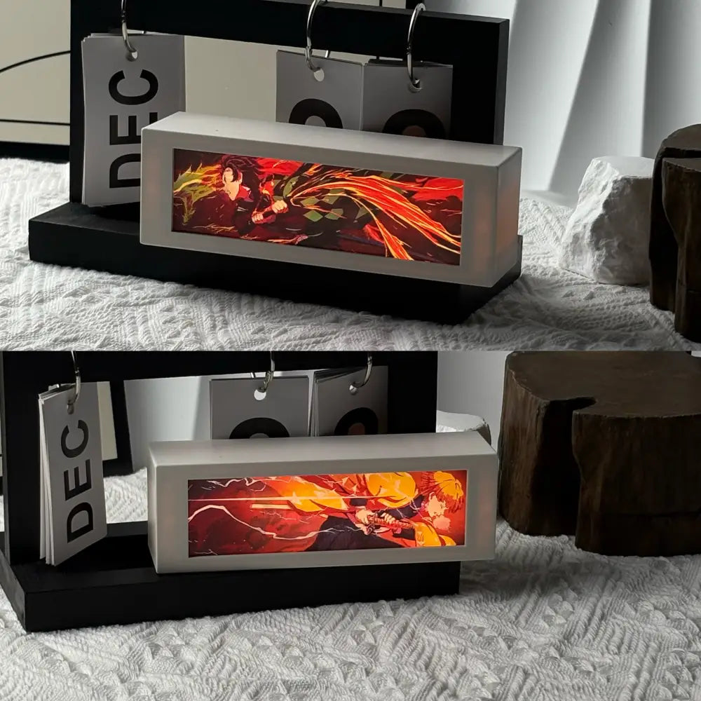 A rectangular led motion light box featuring an illuminated anime character with vibrant red and orange hues for bedroom decor lamp