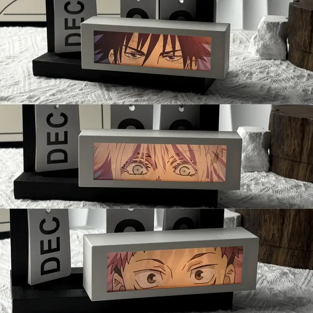 Rectangular anime 3d motion light box with illuminated colorful faces in a gray frame for led bedroom decor lamp