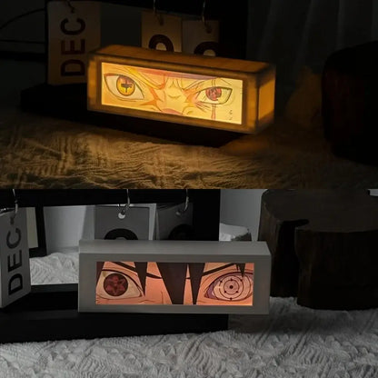Anime 3d motion light box with illuminated wooden lamp featuring glowing orange and red anime eyes led bedroom decor lamp