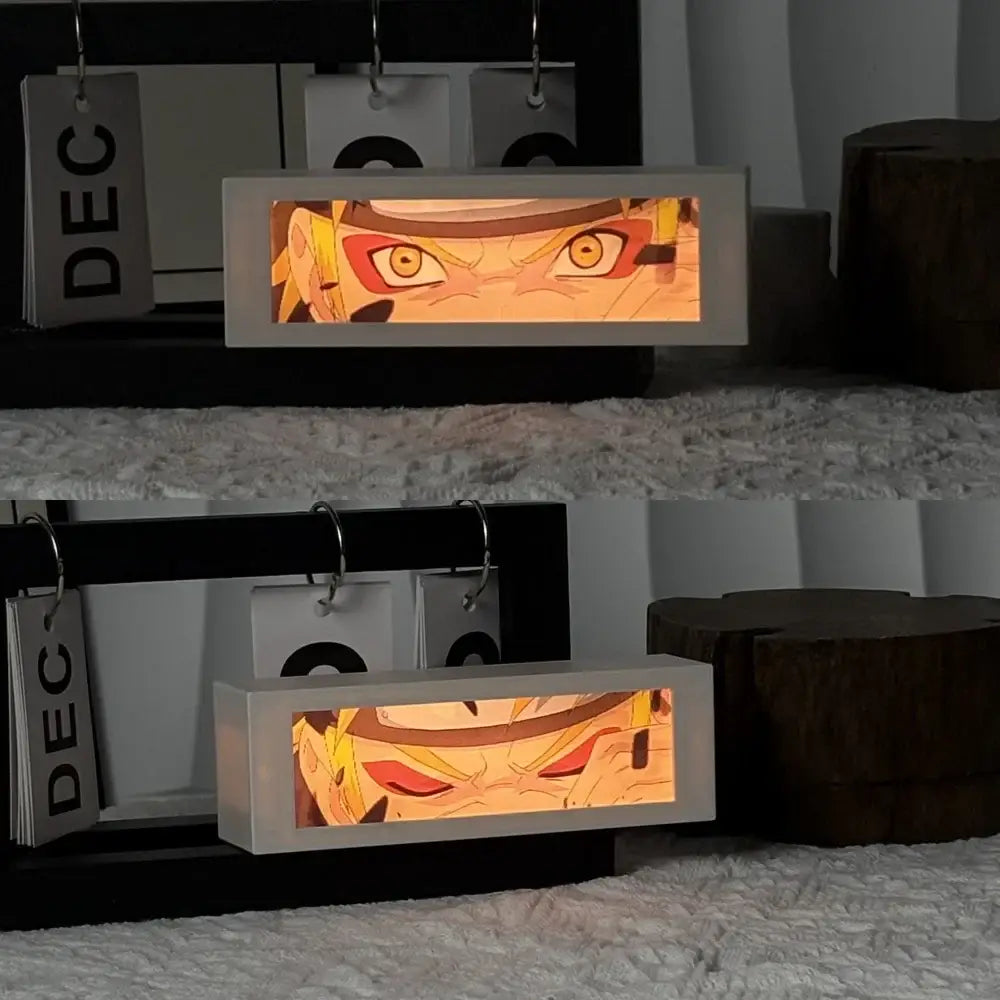 White rectangular motion light box featuring an illuminated anime character with orange eyes for led bedroom decor lamp