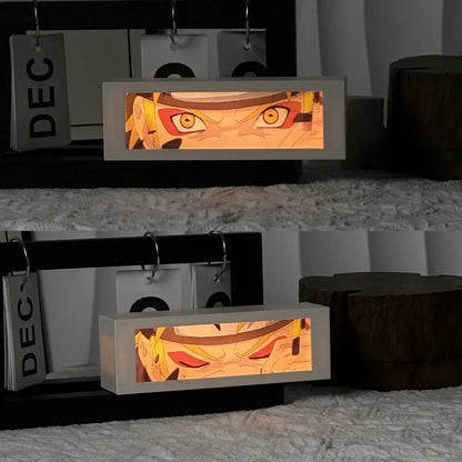 White rectangular motion light box featuring an illuminated anime character with orange eyes for led bedroom decor lamp